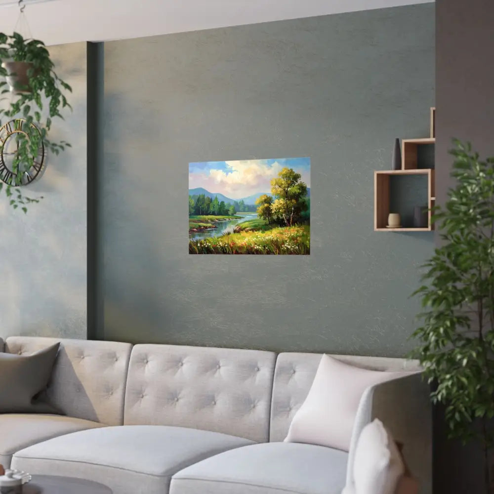 Riverside Harmony: Impressionist Landscape Mountain and River Scene Poster Poster