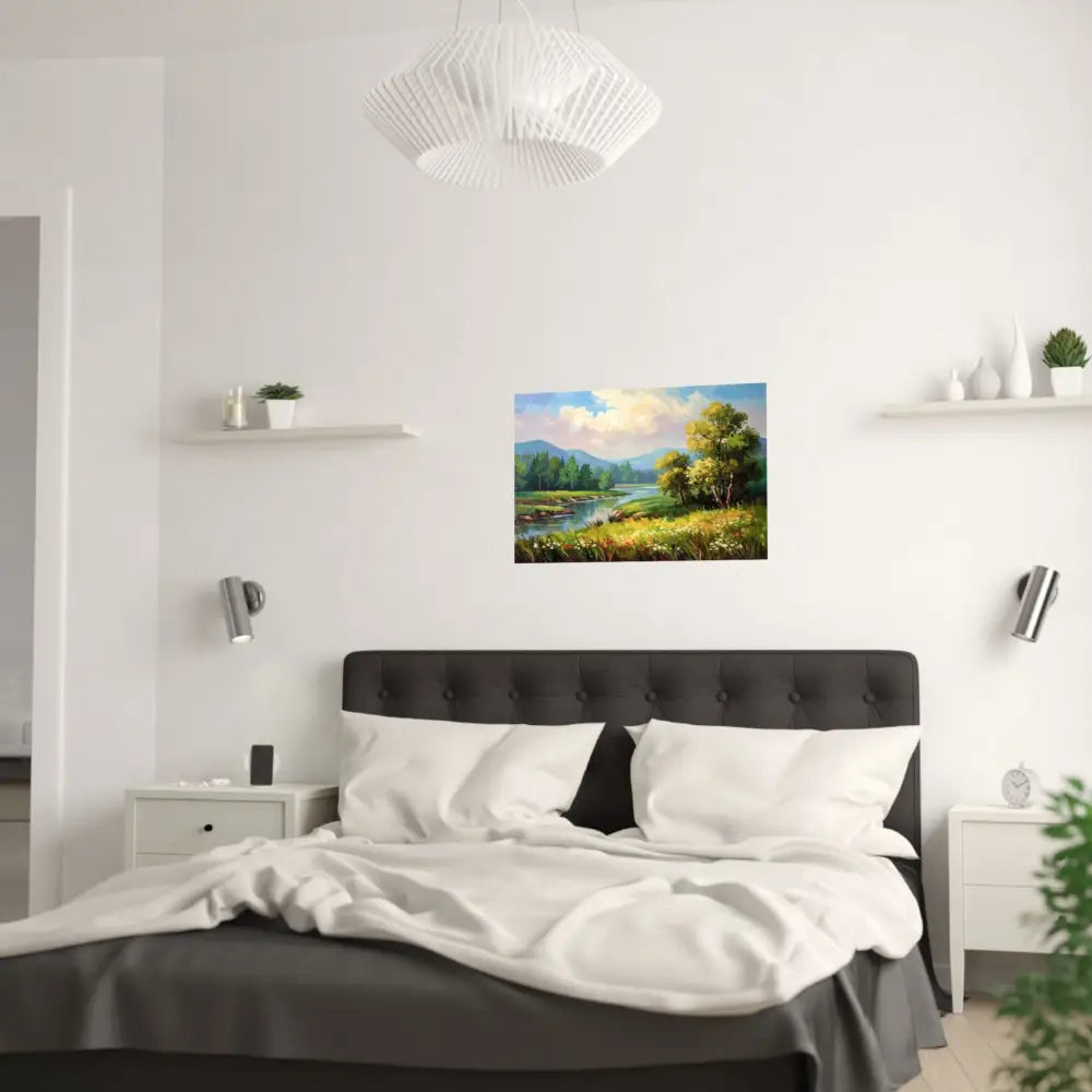 Riverside Harmony: Impressionist Landscape Mountain and River Scene Poster Poster
