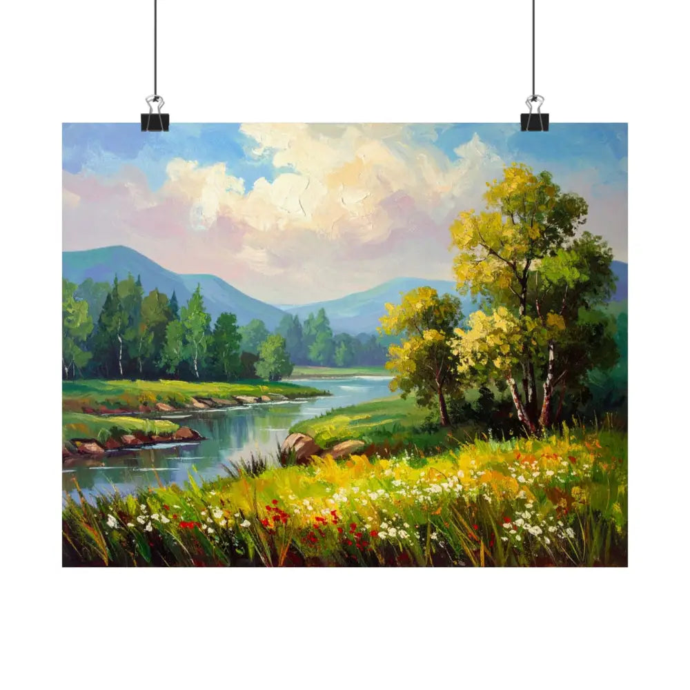 Riverside Harmony: Impressionist Landscape Mountain and River Scene Poster Poster