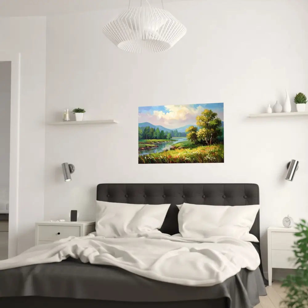 Riverside Harmony: Impressionist Landscape Mountain and River Scene Poster Poster