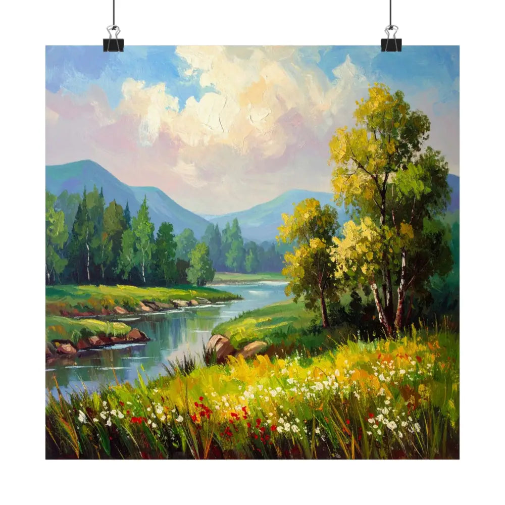 Riverside Harmony: Impressionist Landscape Mountain and River Scene Poster Poster