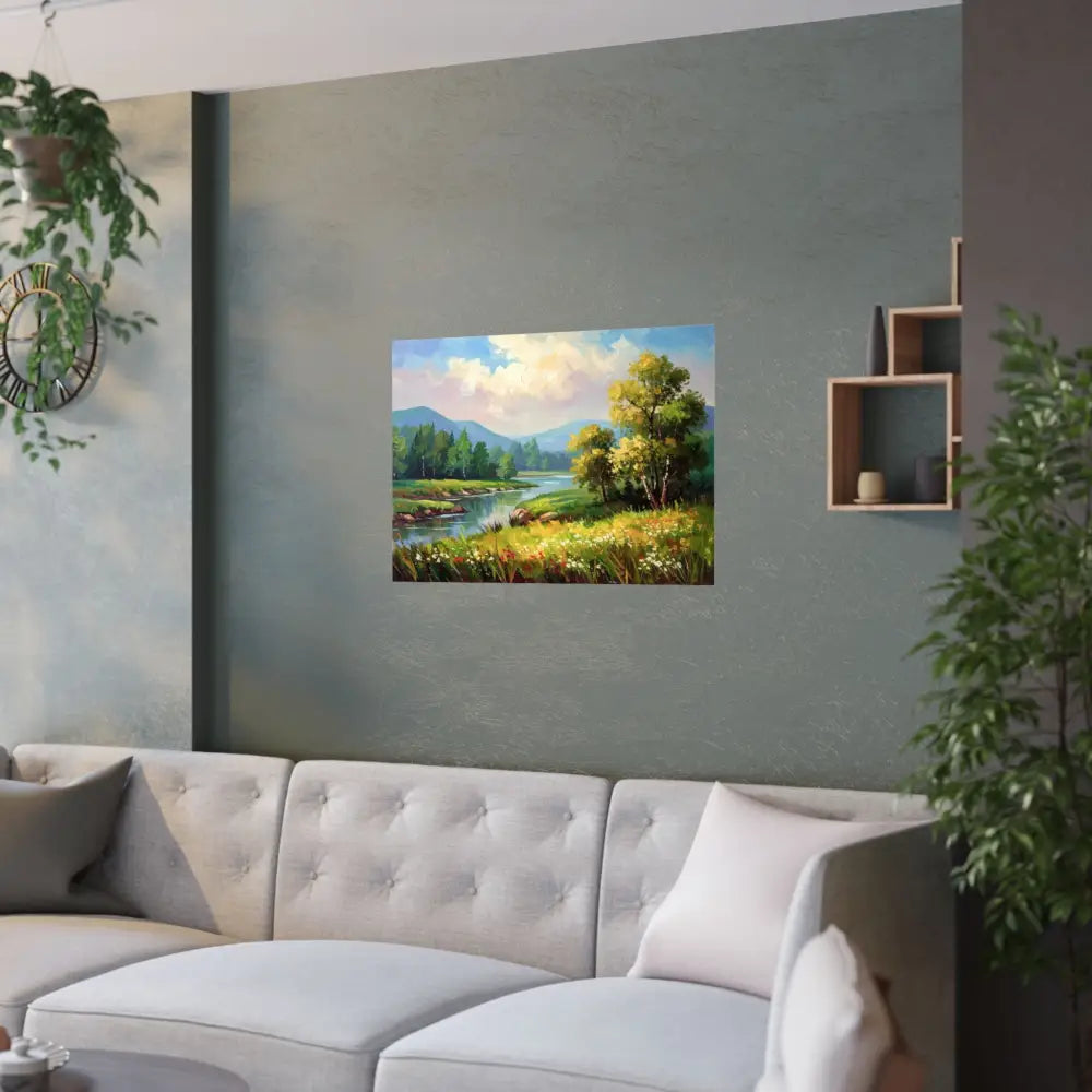 Riverside Harmony: Impressionist Landscape Mountain and River Scene Poster Poster