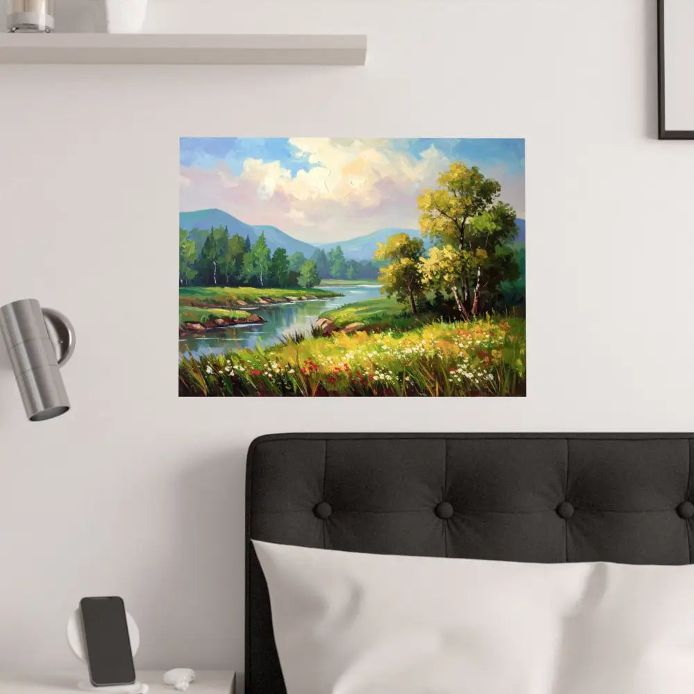 Riverside Harmony: Impressionist Landscape Mountain and River Scene Poster Poster