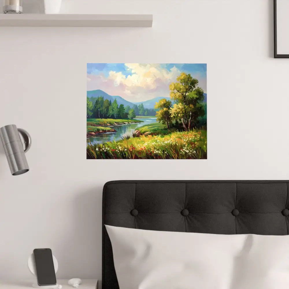 Riverside Harmony: Impressionist Landscape Mountain and River Scene Poster Poster