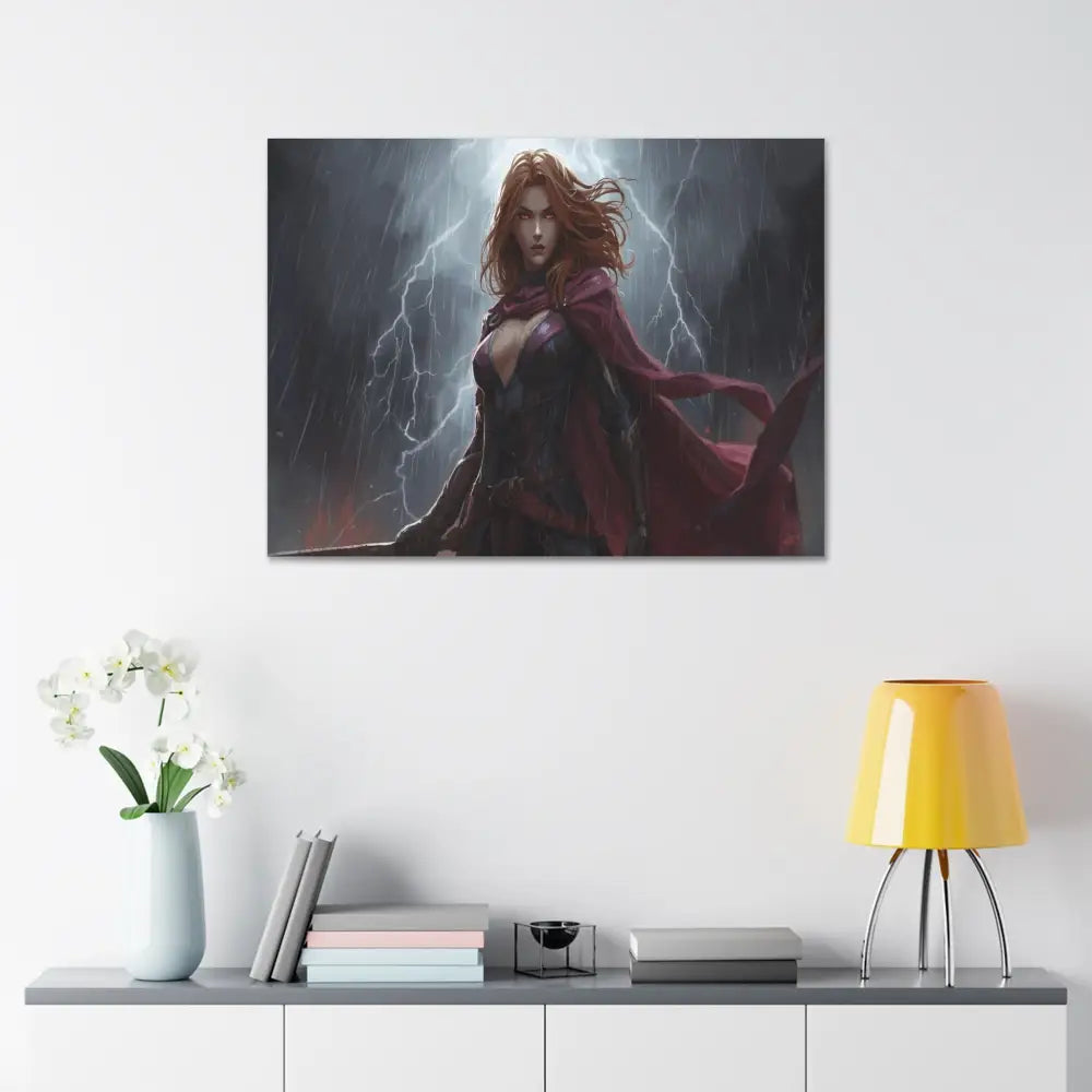 Stormborn Valkyrie: High-Fantasy Digital Warrior Art Dramatic Lightning Storm Battle Scene with Glowing Eyes and Red