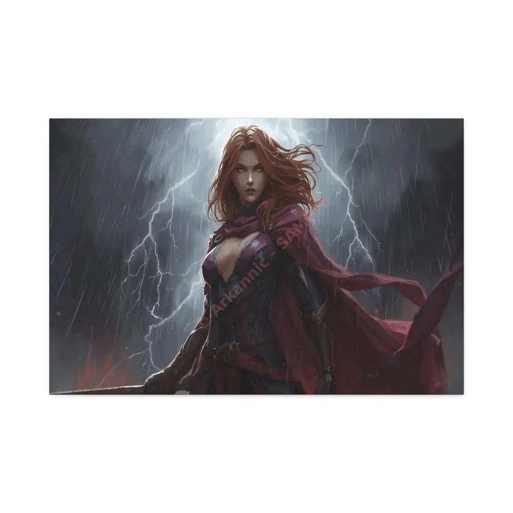 Stormborn Valkyrie: High-Fantasy Digital Warrior Art Dramatic Lightning Storm Battle Scene with Glowing Eyes and Red
