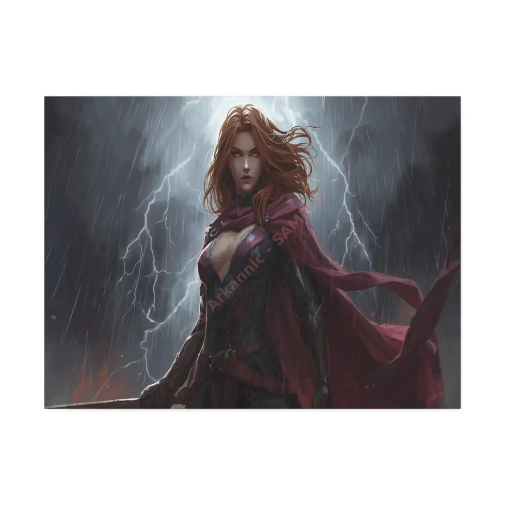Stormborn Valkyrie: High-Fantasy Digital Warrior Art Dramatic Lightning Storm Battle Scene with Glowing Eyes and Red