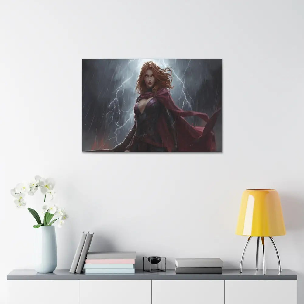 Stormborn Valkyrie: High-Fantasy Digital Warrior Art Dramatic Lightning Storm Battle Scene with Glowing Eyes and Red