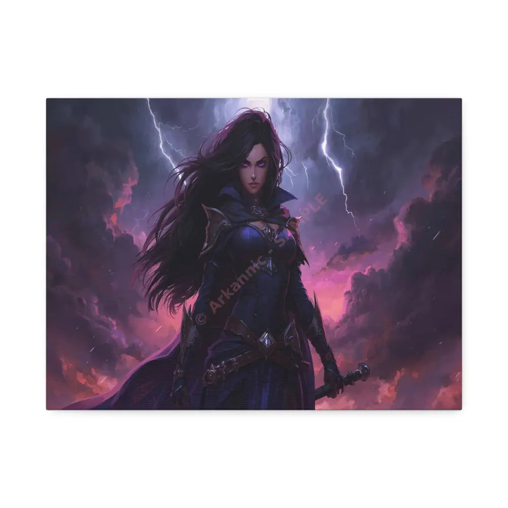 Stormkeeper’s Resolve: Warrior of the Tempest Gothic Fantasy Heroine Canvas Print 16″ x 12″ (Horizontal) / 1.5’’ Canvas