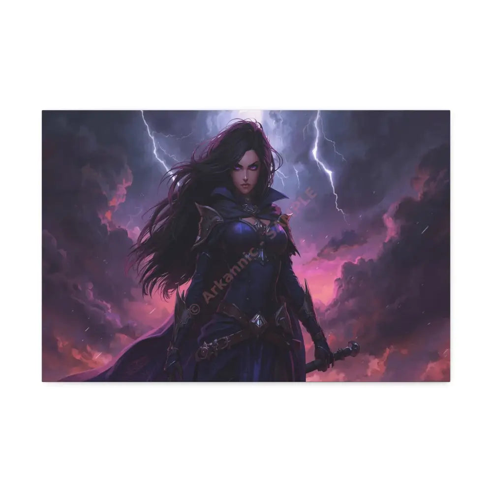 Stormkeeper’s Resolve: Warrior of the Tempest Gothic Fantasy Heroine Canvas Print 24″ x 16″ (Horizontal) / 1.5’’ Canvas