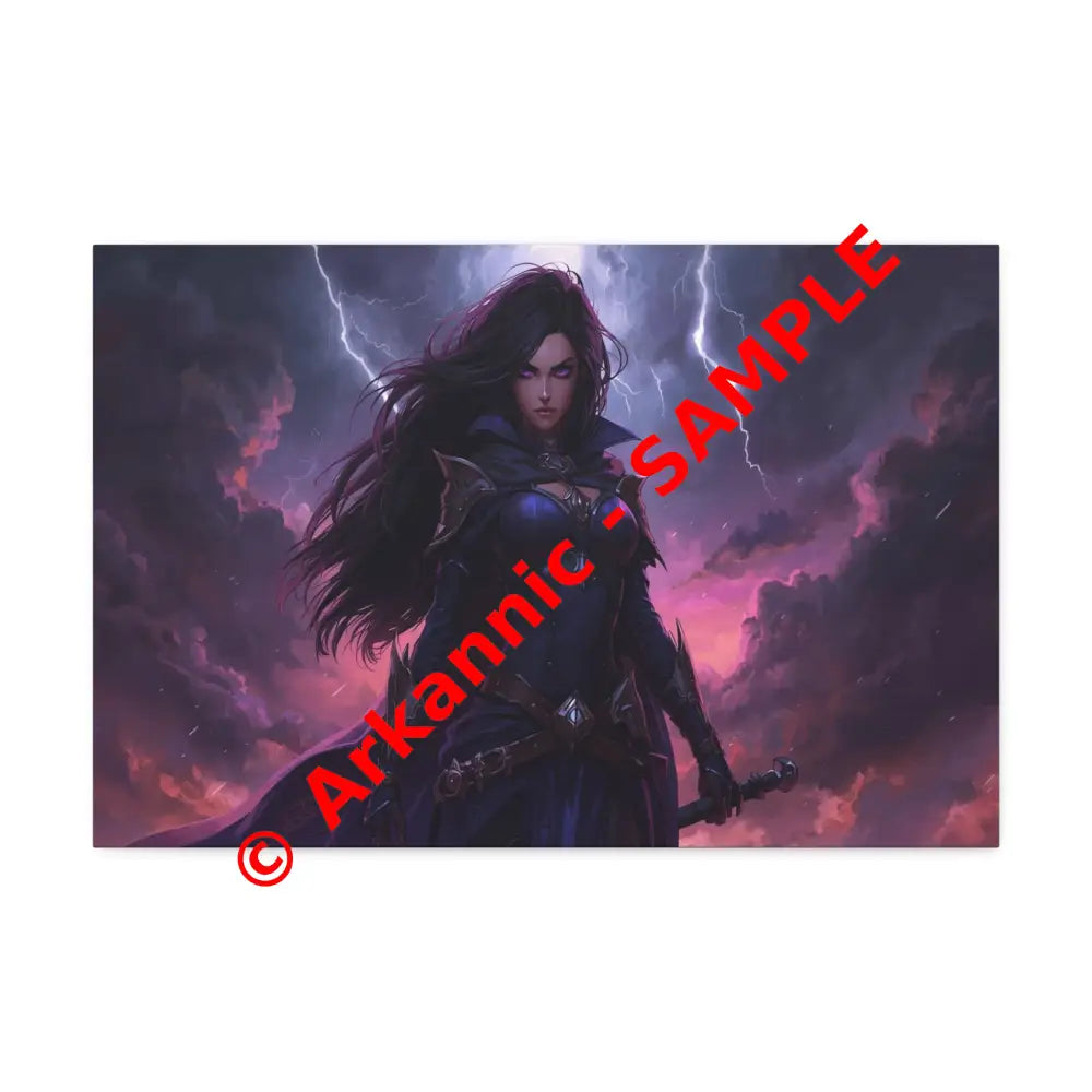 Stormkeeper’s Resolve: Warrior of the Tempest Gothic Fantasy Heroine Canvas Print 24″ x 16″ (Horizontal) / 1.5’’ Canvas