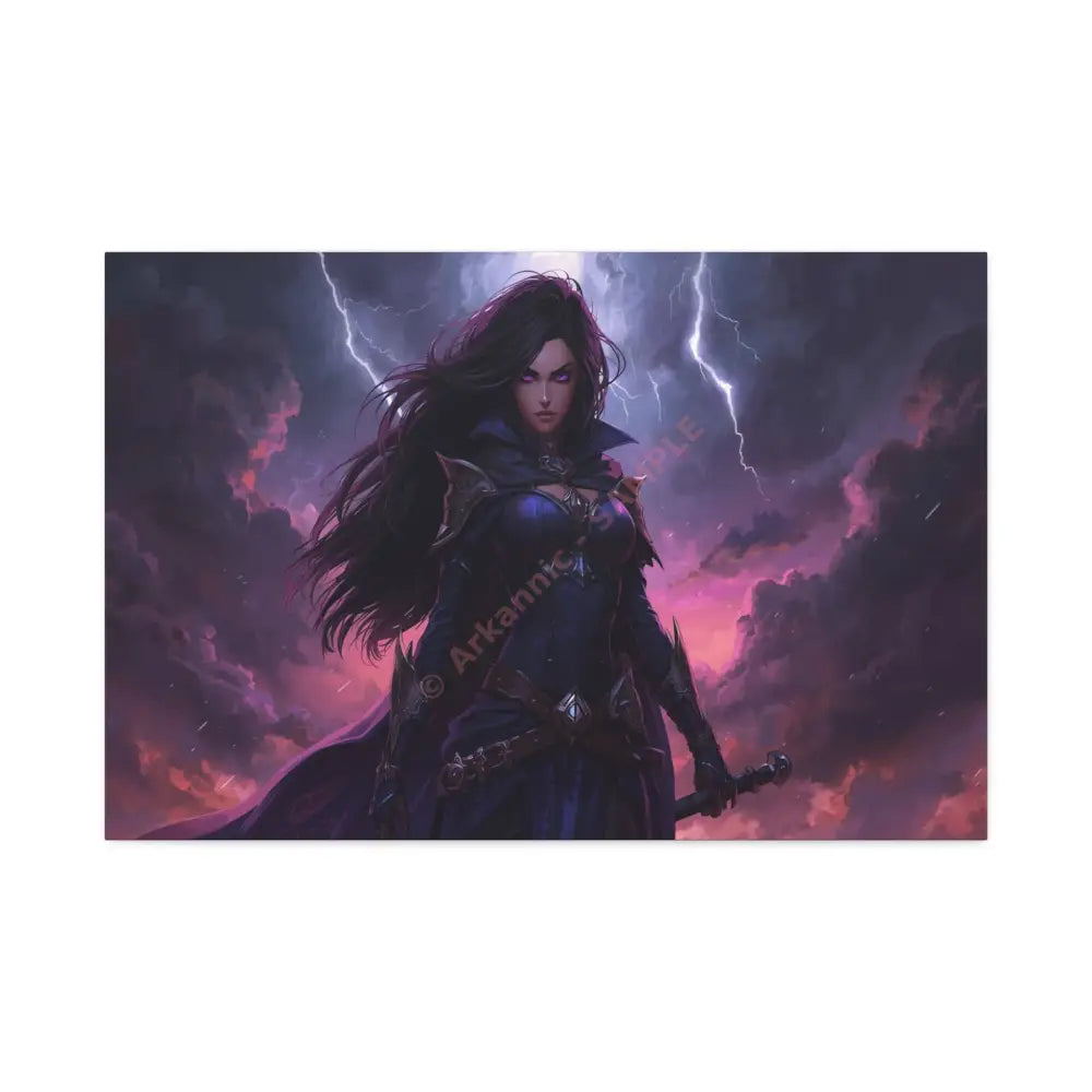 Stormkeeper’s Resolve: Warrior of the Tempest Gothic Fantasy Heroine Canvas Print 30″ x 20″ (Horizontal) / 1.5’’ Canvas