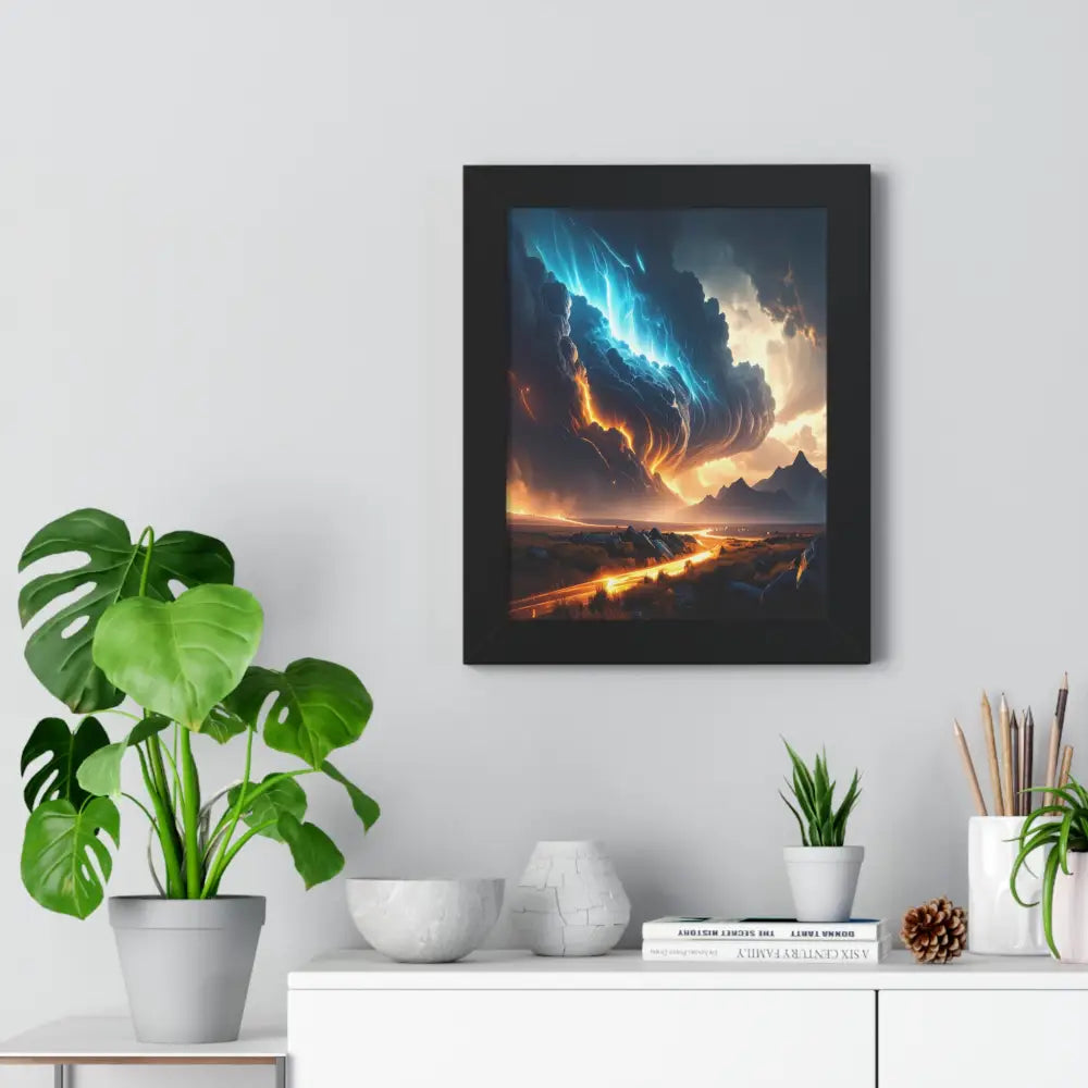 Tempest of Fire and Lightning: Elemental Storm Fusion Digital Landscape PanoramaFramed Verticle Poster Poster