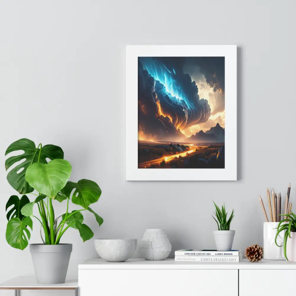 Tempest of Fire and Lightning: Elemental Storm Fusion Digital Landscape PanoramaFramed Verticle Poster Poster