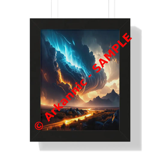 Tempest of Fire and Lightning: Elemental Storm Fusion Digital Landscape PanoramaFramed Verticle Poster Black / 11’’ x