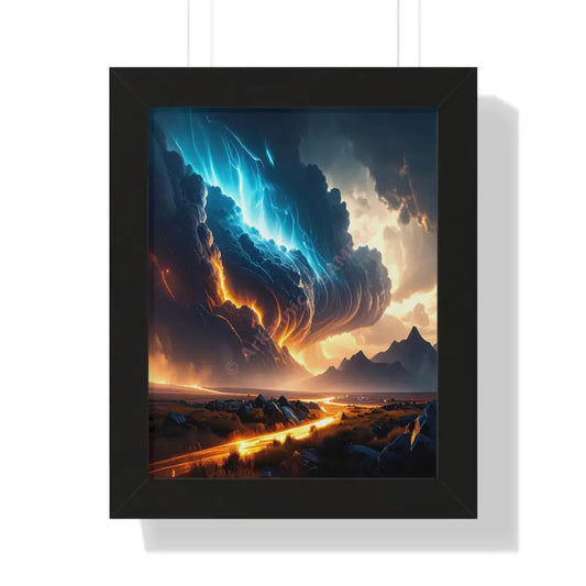 Tempest of Fire and Lightning: Elemental Storm Fusion Digital Landscape PanoramaFramed Verticle Poster Black / 11’’ x