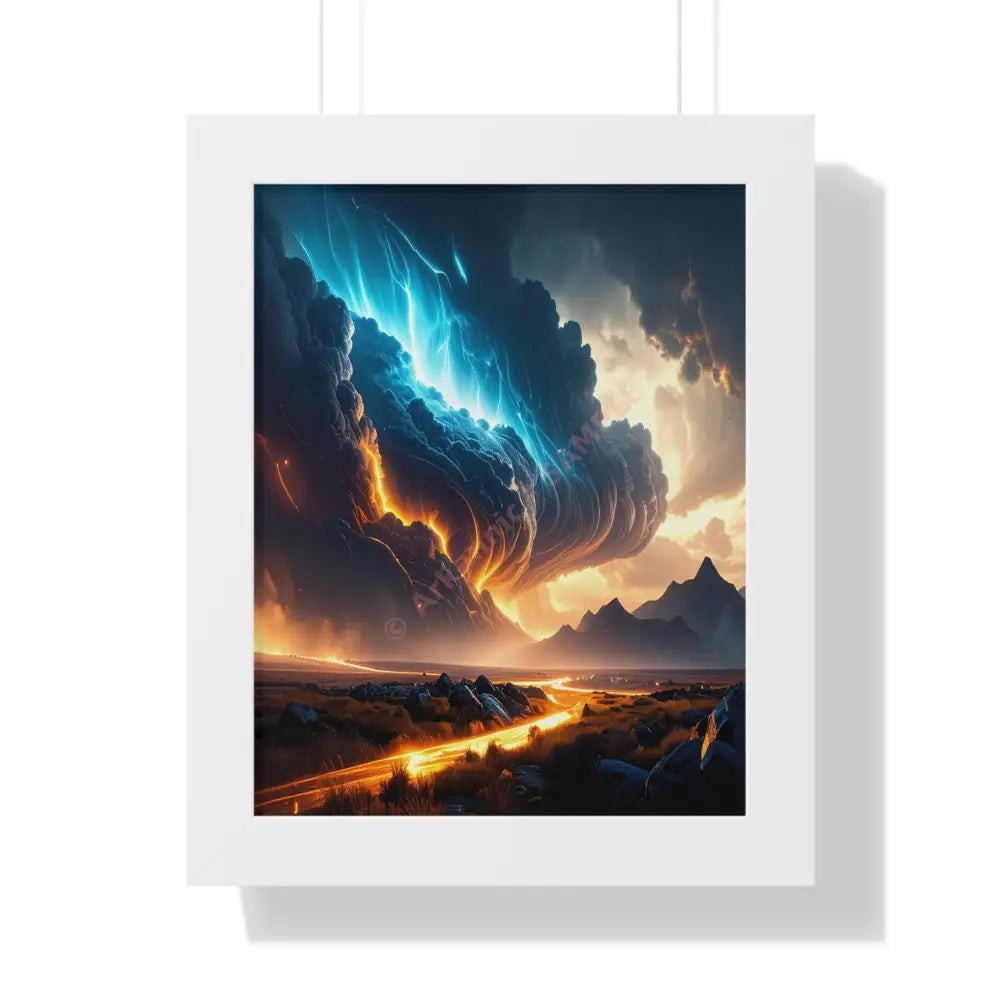 Tempest of Fire and Lightning: Elemental Storm Fusion Digital Landscape PanoramaFramed Verticle Poster White / 11’’ x