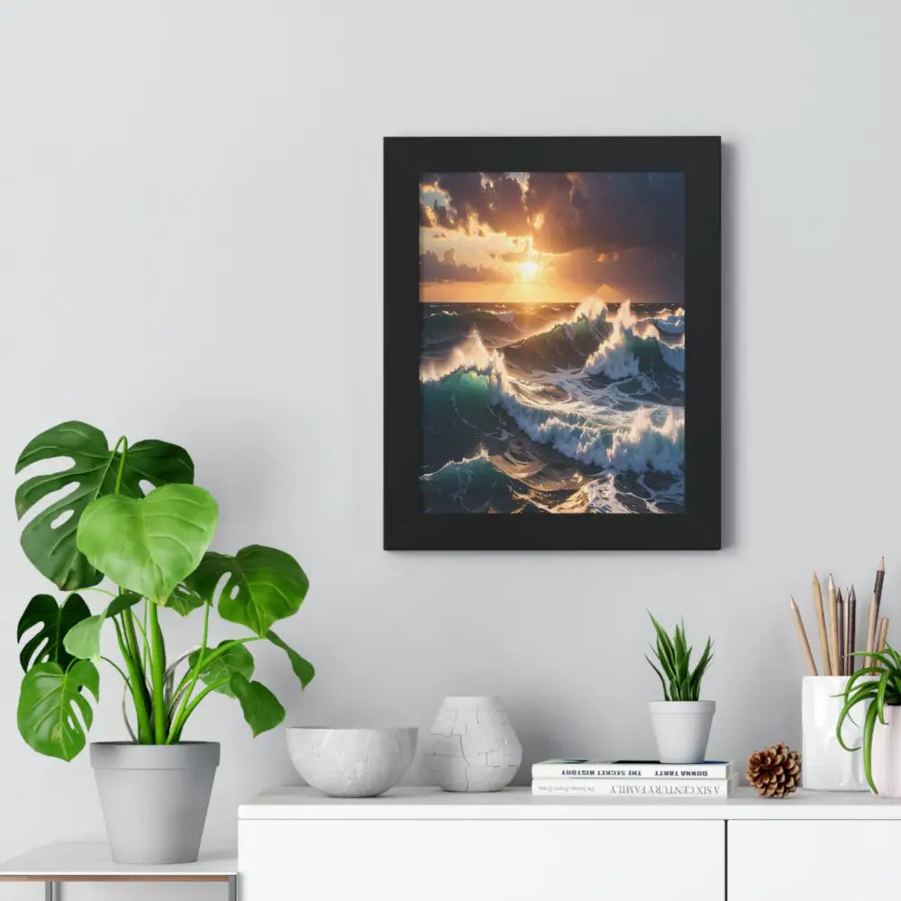 Tempest of Illumination: Oceanic Surge Golden Sunset SeascapeFramed Verticle Poster Poster