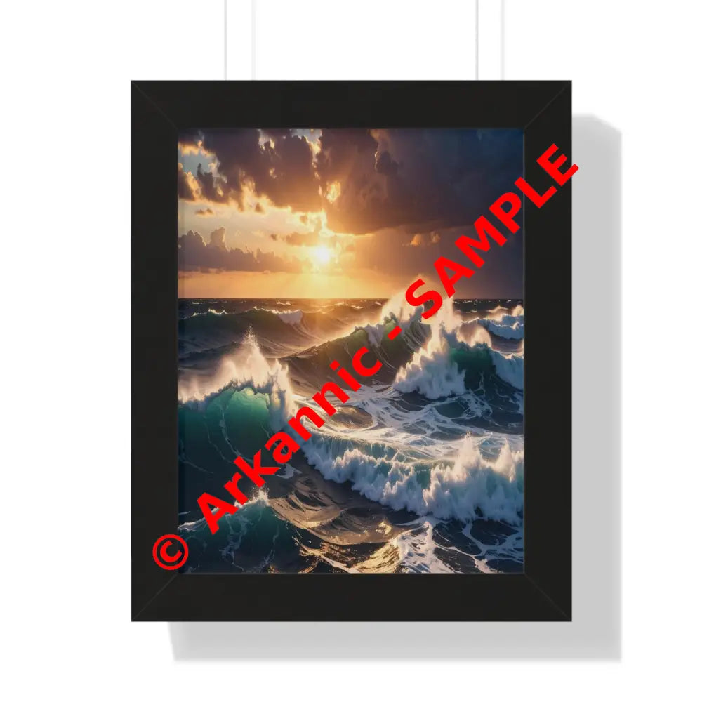 Tempest of Illumination: Oceanic Surge Golden Sunset SeascapeFramed Verticle Poster Black / 11’’ x 14’’ Poster