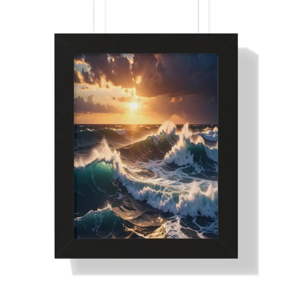Tempest of Illumination: Oceanic Surge Golden Sunset SeascapeFramed Verticle Poster Black / 11’’ x 14’’ Poster