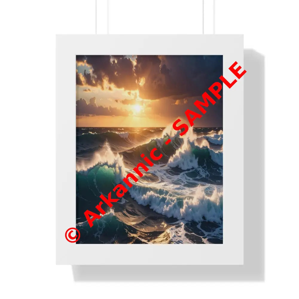 Tempest of Illumination: Oceanic Surge Golden Sunset SeascapeFramed Verticle Poster White / 11’’ x 14’’ Poster