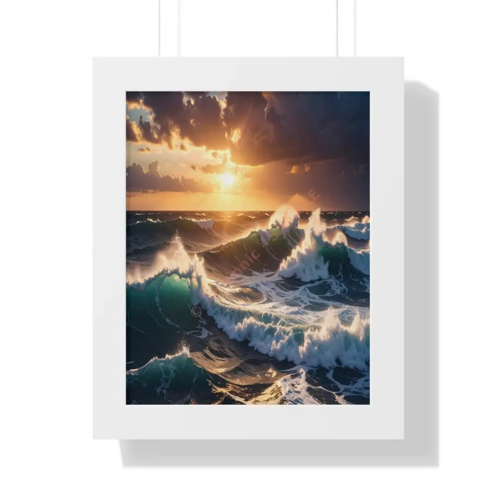 Tempest of Illumination: Oceanic Surge Golden Sunset SeascapeFramed Verticle Poster White / 11’’ x 14’’ Poster