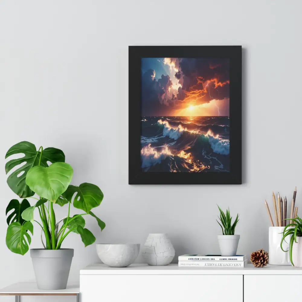 Tempest’s Fury: Maritime Storm Seascape Dramatic Sunset Thunderstorm PhotographyFramed Verticle Poster Poster