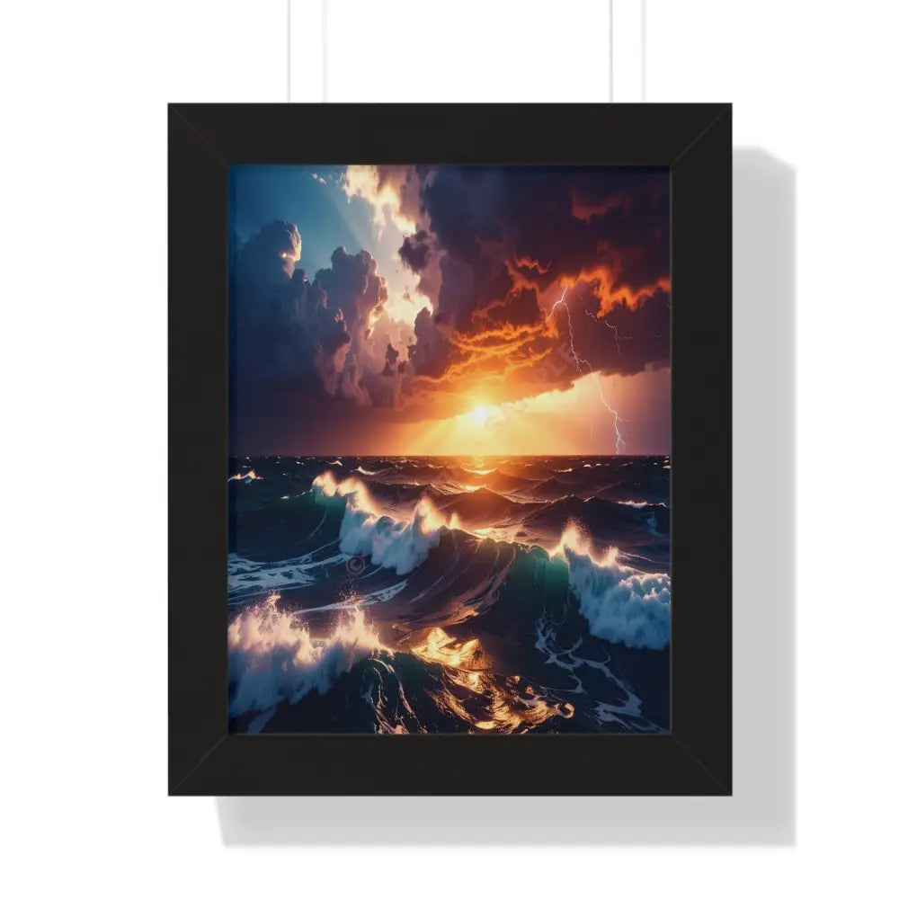 Tempest’s Fury: Maritime Storm Seascape Dramatic Sunset Thunderstorm PhotographyFramed Verticle Poster Black / 11’’ x