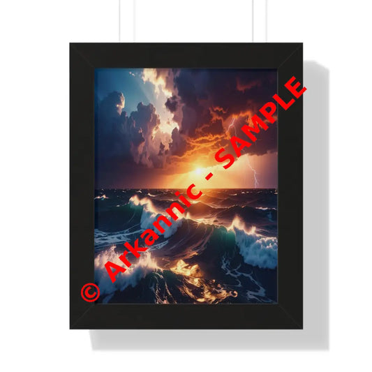 Tempest’s Fury: Maritime Storm Seascape Dramatic Sunset Thunderstorm PhotographyFramed Verticle Poster Black / 11’’ x