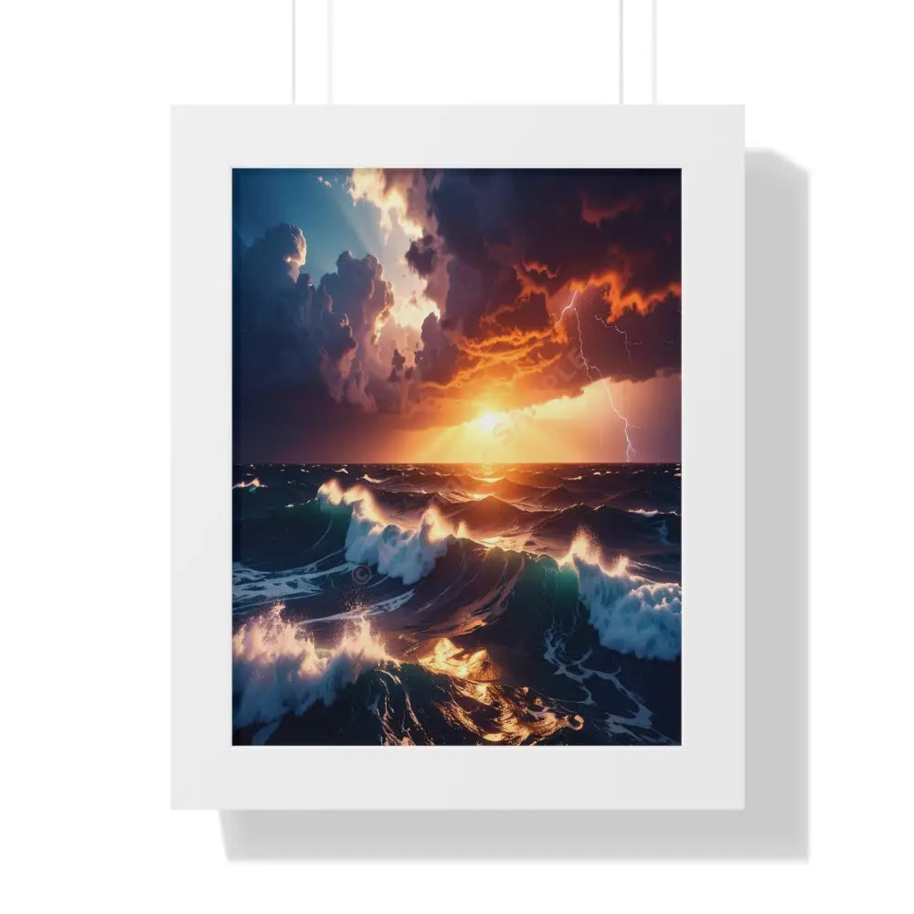 Tempest’s Fury: Maritime Storm Seascape Dramatic Sunset Thunderstorm PhotographyFramed Verticle Poster White / 11’’ x