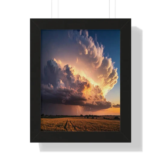 Thunderstorm’s Embrace: Nature’s Fury Over Golden Fields Dramatic Landscape PhotographyFramed Verticle Poster Black