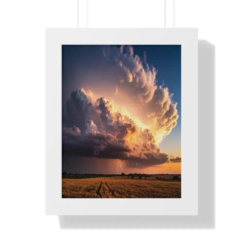 Thunderstorm’s Embrace: Nature’s Fury Over Golden Fields Dramatic Landscape PhotographyFramed Verticle Poster White
