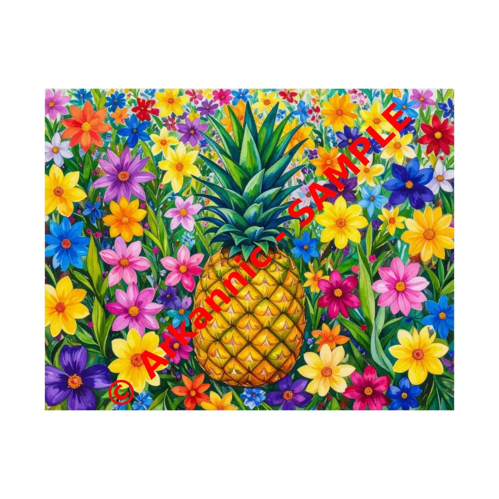Tropical Botanical Symphony: Pineapple Garden Dreamscape Vibrant Watercolor Floral Composition Poster 14″ x 11″ Poster