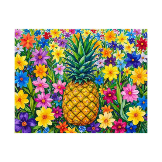 Tropical Botanical Symphony: Pineapple Garden Dreamscape Vibrant Watercolor Floral Composition Poster 14″ x 11″ Poster