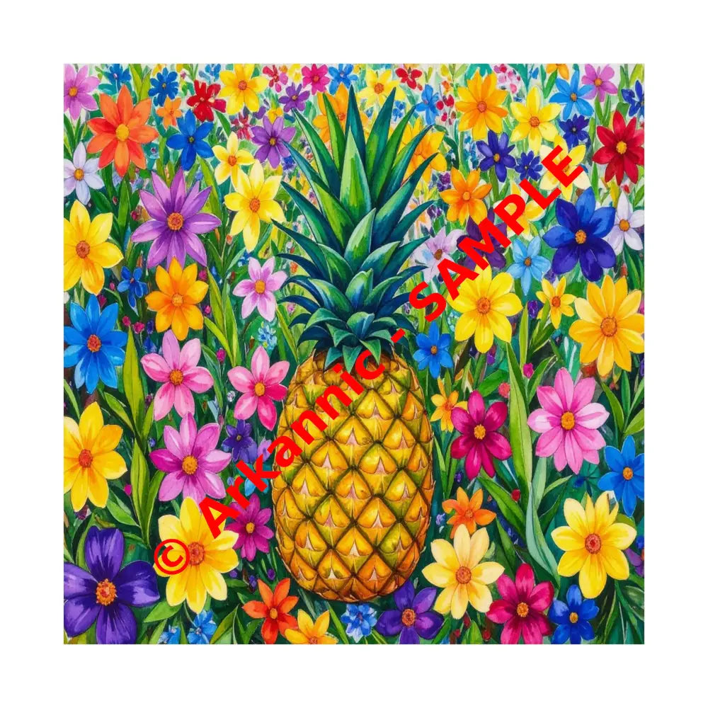 Tropical Botanical Symphony: Pineapple Garden Dreamscape Vibrant Watercolor Floral Composition Poster 14’’ x 14’’ Poster