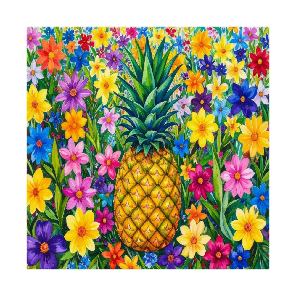 Tropical Botanical Symphony: Pineapple Garden Dreamscape Vibrant Watercolor Floral Composition Poster 14’’ x 14’’ Poster