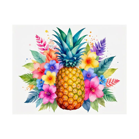 Tropical Pineapple Radiance: Watercolor Botanical Explosion Vibrant Tropical Floral Illustration Poster 14″ x 11″ Poster