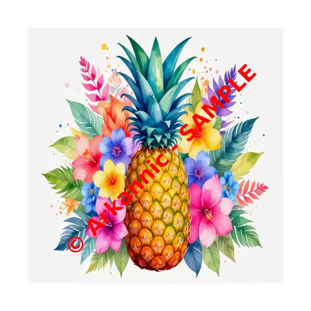 Tropical Pineapple Radiance: Watercolor Botanical Explosion Vibrant Tropical Floral Illustration Poster 14’’ x 14’’