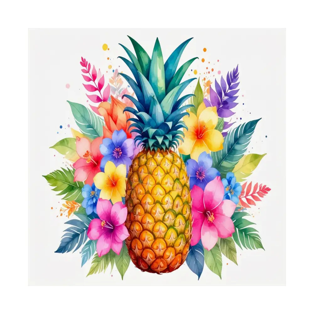 Tropical Pineapple Radiance: Watercolor Botanical Explosion Vibrant Tropical Floral Illustration Poster 14’’ x 14’’