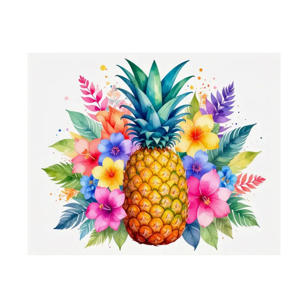 Tropical Pineapple Radiance: Watercolor Botanical Explosion Vibrant Tropical Floral Illustration Poster 20″ x 16″ Poster