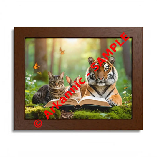 Whimsical Nature Framed Poster: Cats & Tigers Reading Animal Lovers Art Home Decor Gift for Kids Nursery Wall Art