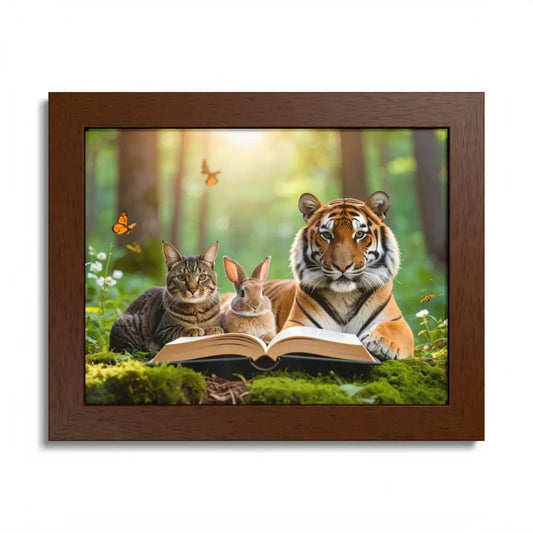 Whimsical Nature Framed Poster: Cats & Tigers Reading Animal Lovers Art Home Decor Gift for Kids Nursery Wall Art