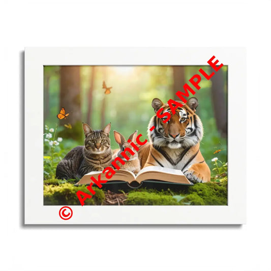 Whimsical Nature Framed Poster: Cats & Tigers Reading Animal Lovers Art Home Decor Gift for Kids Nursery Wall Art