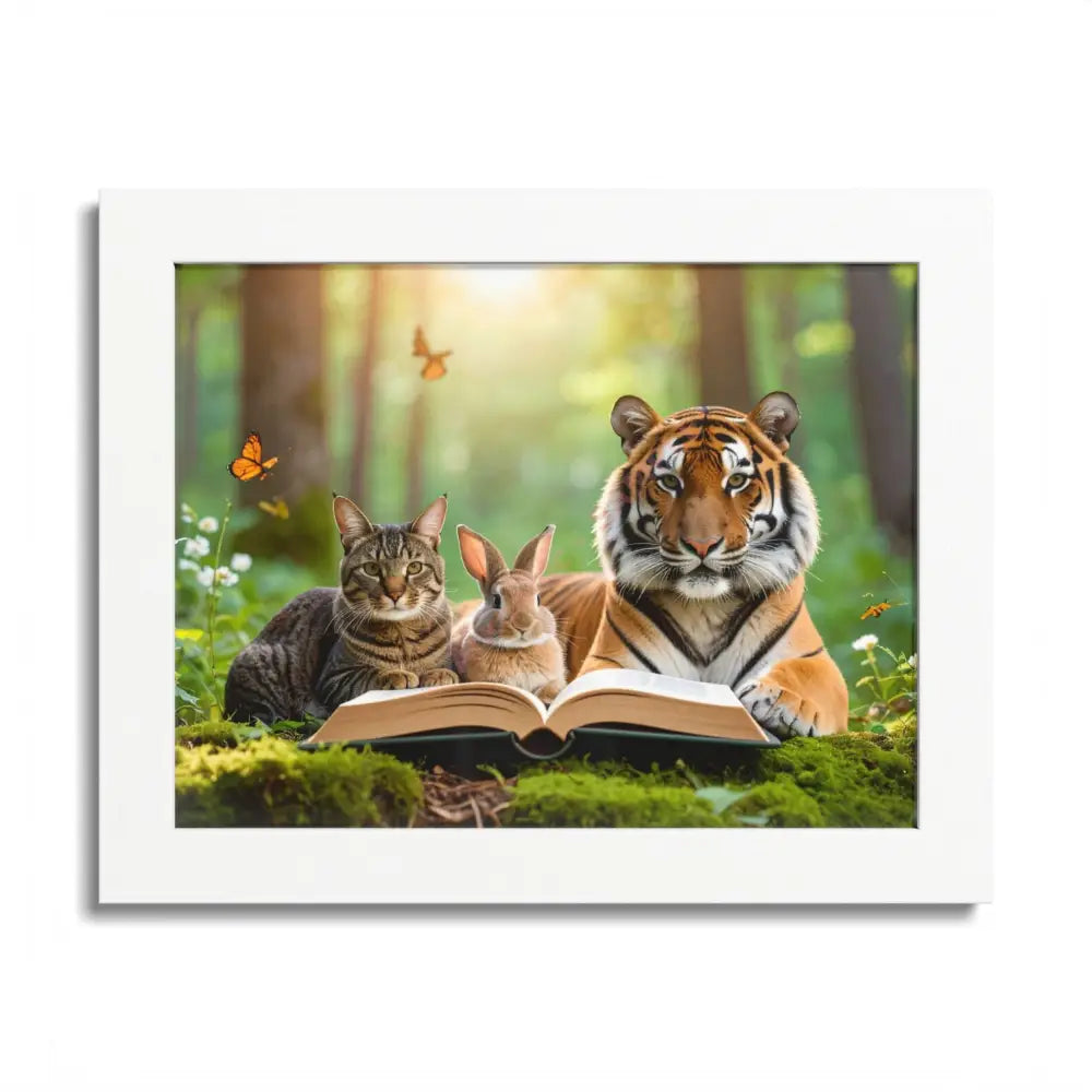 Whimsical Nature Framed Poster: Cats & Tigers Reading Animal Lovers Art Home Decor Gift for Kids Nursery Wall Art