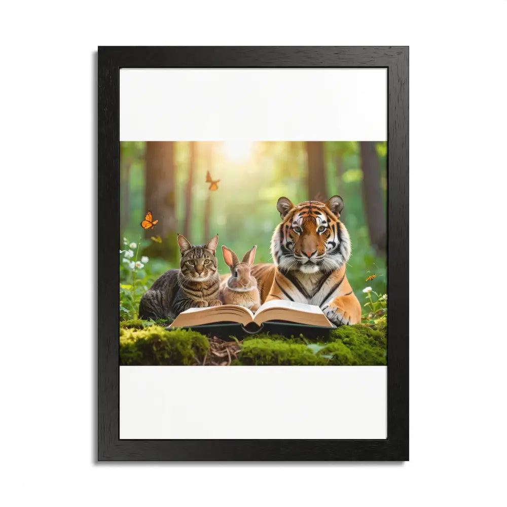 Whimsical Nature Framed Poster: Cats & Tigers Reading Animal Lovers Art Home Decor Gift for Kids Nursery Wall Art