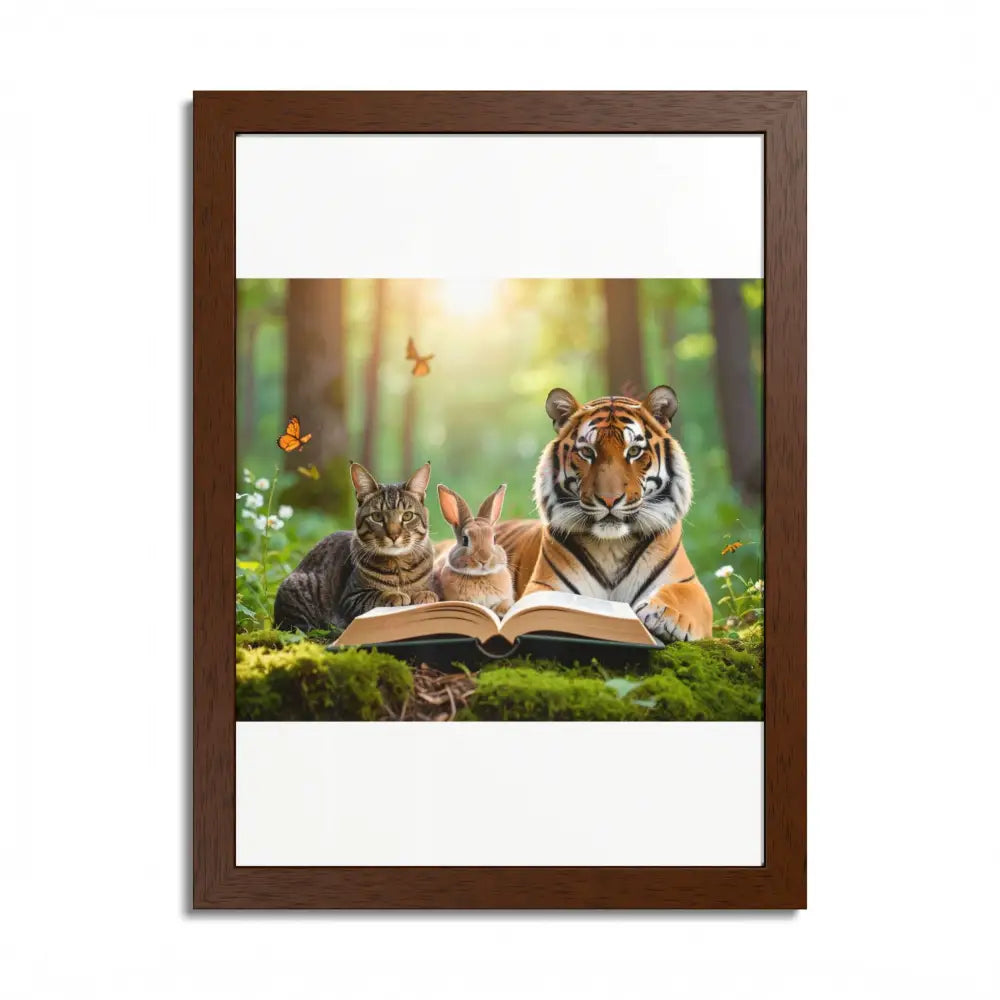 Whimsical Nature Framed Poster: Cats & Tigers Reading Animal Lovers Art Home Decor Gift for Kids Nursery Wall Art