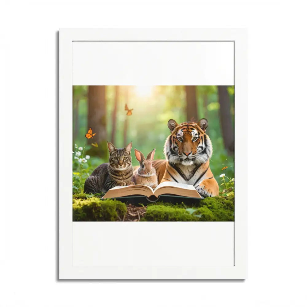 Whimsical Nature Framed Poster: Cats & Tigers Reading Animal Lovers Art Home Decor Gift for Kids Nursery Wall Art