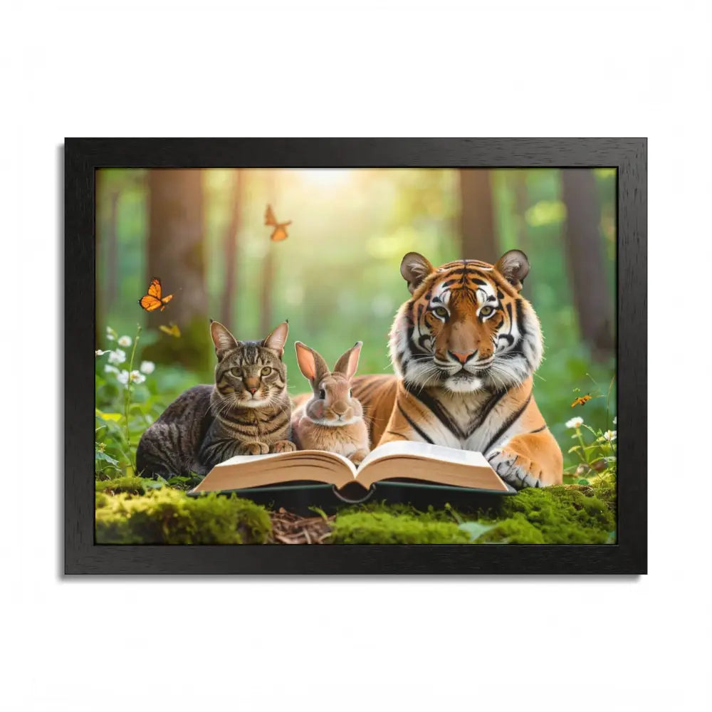 Whimsical Nature Framed Poster: Cats & Tigers Reading Animal Lovers Art Home Decor Gift for Kids Nursery Wall Art