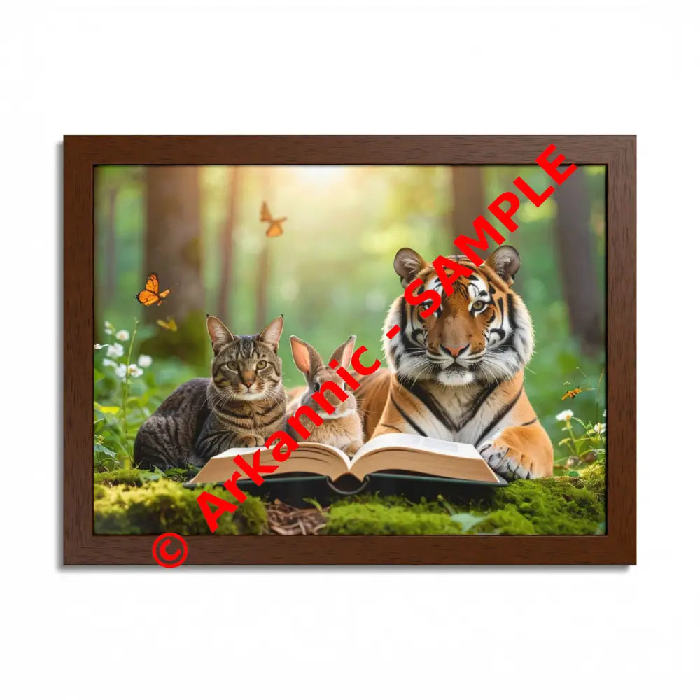 Whimsical Nature Framed Poster: Cats & Tigers Reading Animal Lovers Art Home Decor Gift for Kids Nursery Wall Art