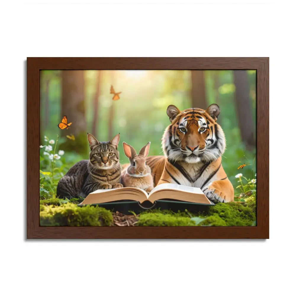 Whimsical Nature Framed Poster: Cats & Tigers Reading Animal Lovers Art Home Decor Gift for Kids Nursery Wall Art